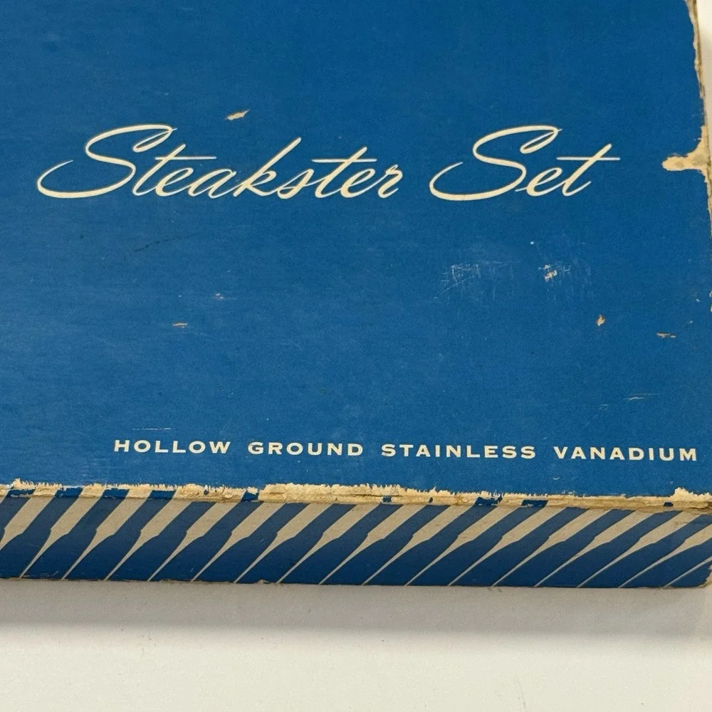 Ekco Flint Steakster Set 7 Steak Knives Stainless Vanadium Wood Holder Orig Box